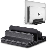 Adjustable Dual-Slot Leather Laptop Stand – Vertical Organizer for Laptops, Tablets & Phones