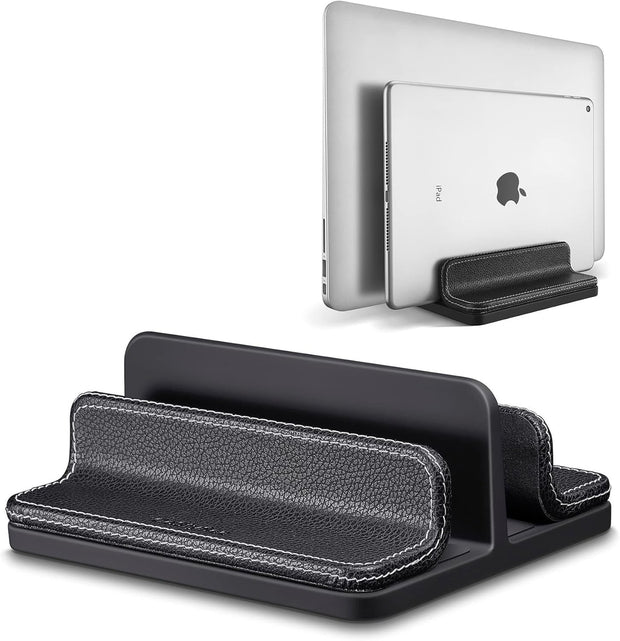 Adjustable Dual-Slot Leather Laptop Stand – Vertical Organizer for Laptops, Tablets & Phones