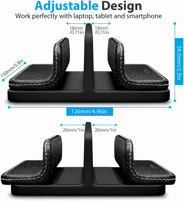 Adjustable Dual-Slot Leather Laptop Stand – Vertical Organizer for Laptops, Tablets & Phones