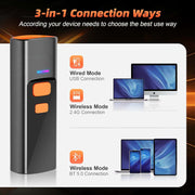 Mini 3-in-1 Wireless Barcode Scanner – Bluetooth, 2.4G & USB Compatible with Windows, Android, iOS (Includes Charging Dock)