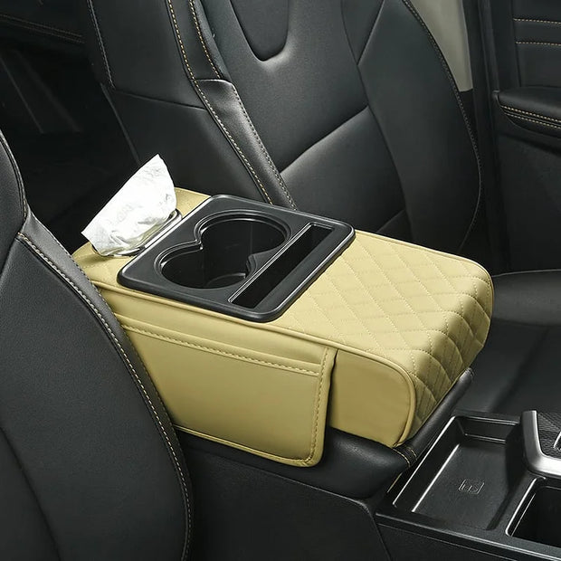 Car Center Console Armrest Cover with Cup Holders – Breathable PU Leather | Soft Foam | Storage Pockets & Phone Holder