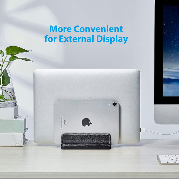 Adjustable Dual-Slot Leather Laptop Stand – Vertical Organizer for Laptops, Tablets & Phones