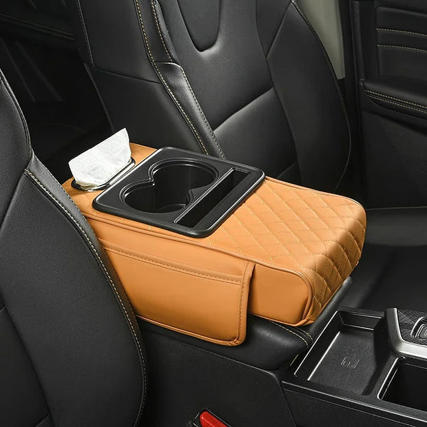 Car Center Console Armrest Cover with Cup Holders – Breathable PU Leather | Soft Foam | Storage Pockets & Phone Holder