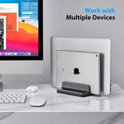 Adjustable Dual-Slot Leather Laptop Stand – Vertical Organizer for Laptops, Tablets & Phones