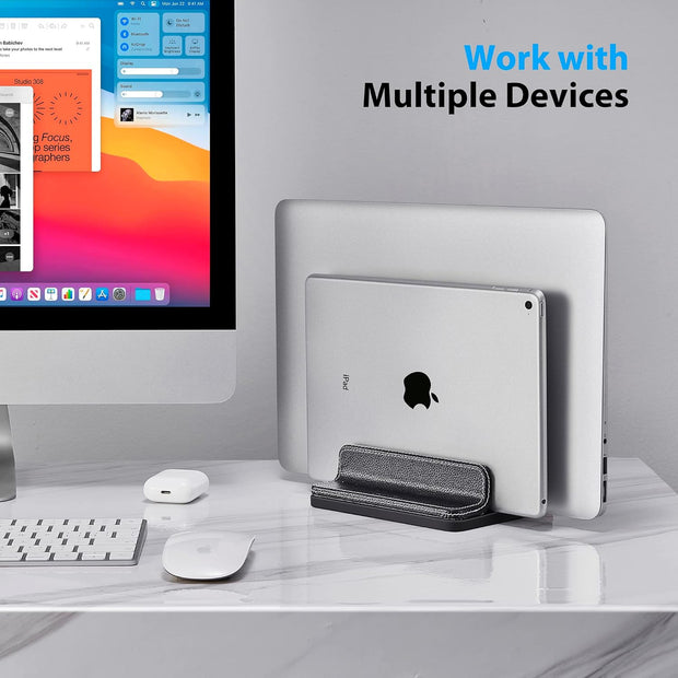 Adjustable Dual-Slot Leather Laptop Stand – Vertical Organizer for Laptops, Tablets & Phones