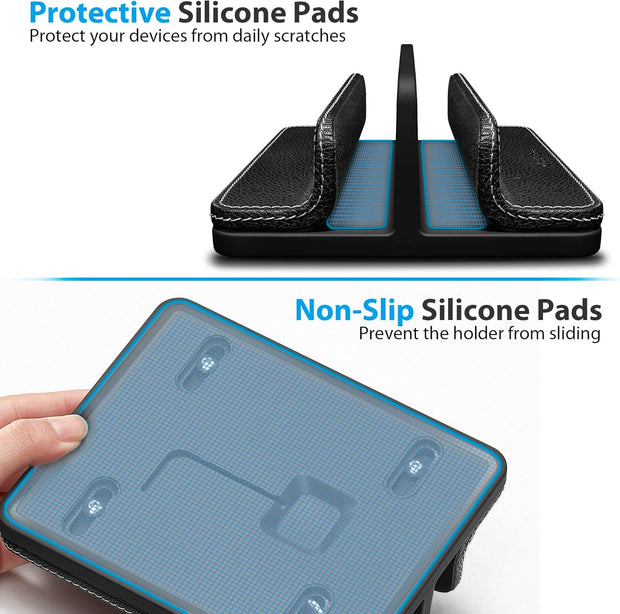 Adjustable Dual-Slot Leather Laptop Stand – Vertical Organizer for Laptops, Tablets & Phones