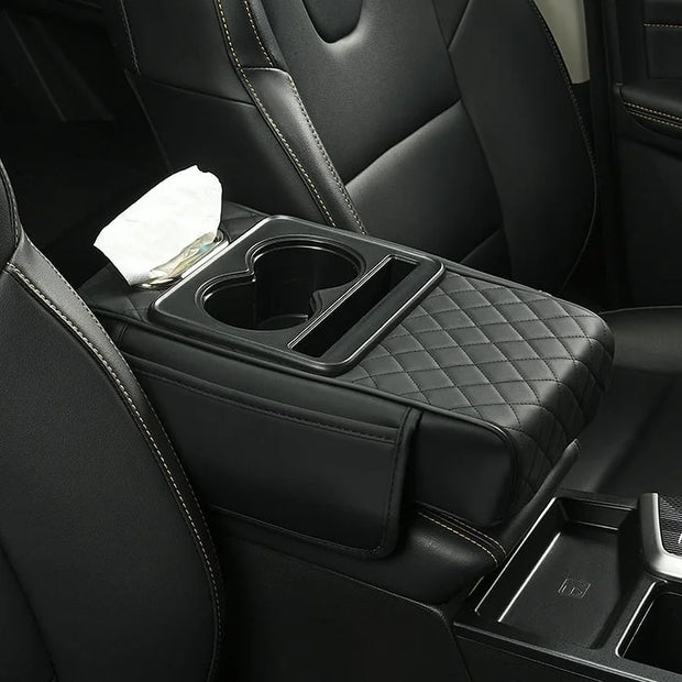 Car Center Console Armrest Cover with Cup Holders – Breathable PU Leather | Soft Foam | Storage Pockets & Phone Holder