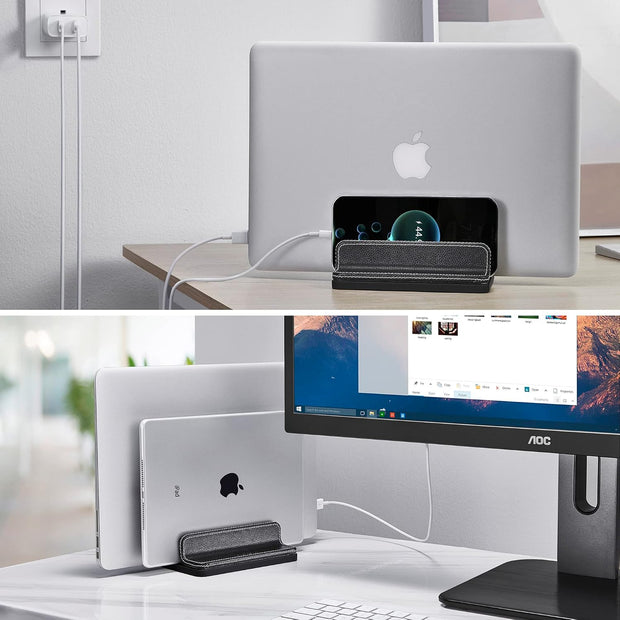 Adjustable Dual-Slot Leather Laptop Stand – Vertical Organizer for Laptops, Tablets & Phones