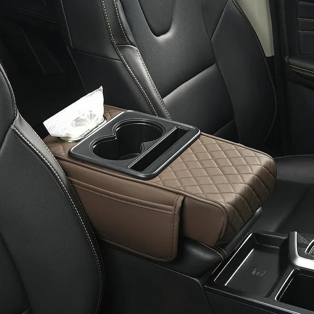 Car Center Console Armrest Cover with Cup Holders – Breathable PU Leather | Soft Foam | Storage Pockets & Phone Holder