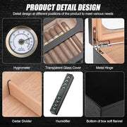 Cigar Humidor Box – With Front Hygrometer & Humidifier | Accessory Drawer | Tempered Glass Top & Spanish Cedar Lining | Holds 20-35 Cigars