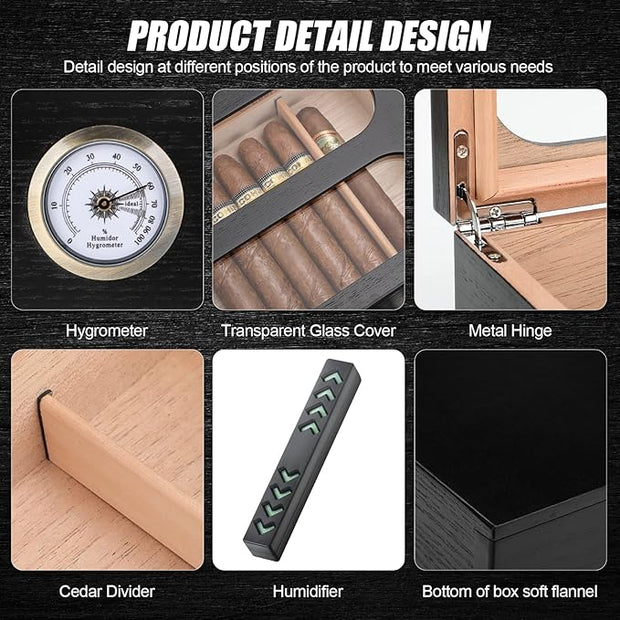 Cigar Humidor Box – With Front Hygrometer & Humidifier | Accessory Drawer | Tempered Glass Top & Spanish Cedar Lining | Holds 20-35 Cigars