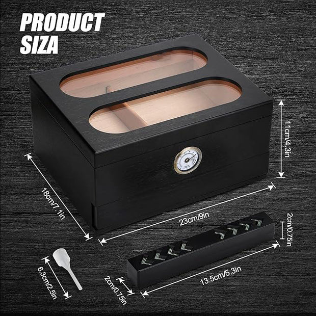 Cigar Humidor Box – With Front Hygrometer & Humidifier | Accessory Drawer | Tempered Glass Top & Spanish Cedar Lining | Holds 20-35 Cigars
