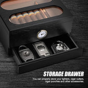 Cigar Humidor Box – With Front Hygrometer & Humidifier | Accessory Drawer | Tempered Glass Top & Spanish Cedar Lining | Holds 20-35 Cigars