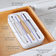 Plastic Wrap Dispenser – 3-in-1 Drawer Organizer | Fits Foil/Plastic Wrap/Parchment/Wax Paper | with Safe Cutters & Labels | Kitchen Storage Solution