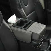 Car Center Console Armrest Cover with Cup Holders – Breathable PU Leather | Soft Foam | Storage Pockets & Phone Holder