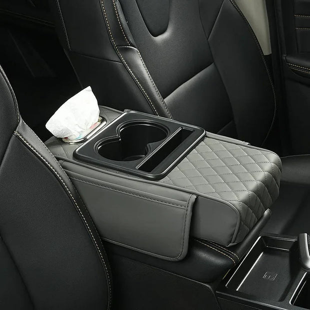Car Center Console Armrest Cover with Cup Holders – Breathable PU Leather | Soft Foam | Storage Pockets & Phone Holder