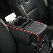 Car Center Console Armrest Cover with Cup Holders – Breathable PU Leather | Soft Foam | Storage Pockets & Phone Holder